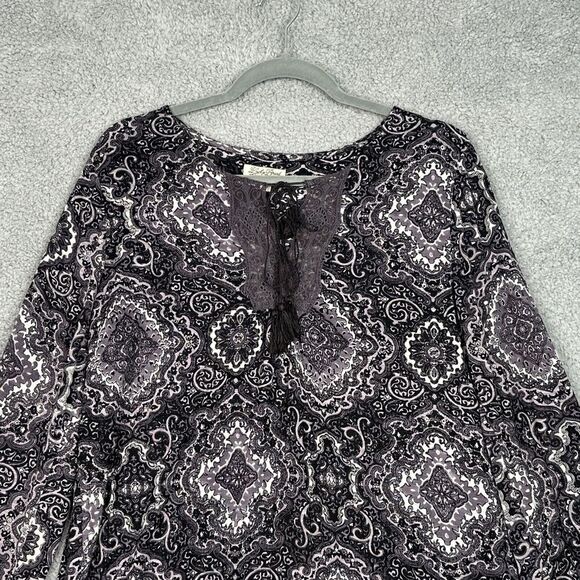 Lucky Brand Black Purple Paisley‎ Lace Tassel Tie Peasant Blouse Size Large - Picture 2 of 13